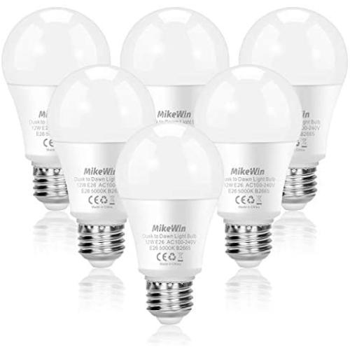 MikeWin Outdoor Dusk to Dawn Light Bulbs, 12W(100W Equivalent), 6 Pack E26 5000K, Built-in Photocell Detector, Auto On/Off, Smart Sensor LED Lighting Bulb for Porch Hallway Garage Boundary MikeWin Outdoor Dusk to Dawn Light Bulbs, 12W(100W Equivalent), 6 Pack E26 5000K, Built-in Photocell Detector, Auto On/Off, Smart Sensor LED Lighting Bulb for Porch Hallway Garage Boundary
