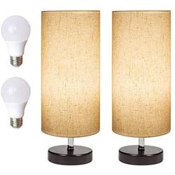 DEEPLITE Bedside Table Lamp 2 LED Bulbs Included, Modern Simple Desk Lamp with Wooden Base and Fabric Shade, Minimalist Nightstand Lamp for Bedroom Living Room Office (Set of 2 )