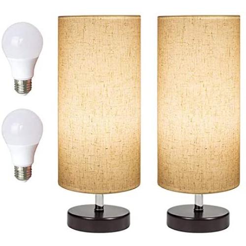 DEEPLITE Bedside Table Lamp 2 LED Bulbs Included, Modern Simple Desk Lamp with Wooden Base and Fabric Shade, Minimalist Nightstand Lamp for Bedroom Living Room Office (Set of 2 )
