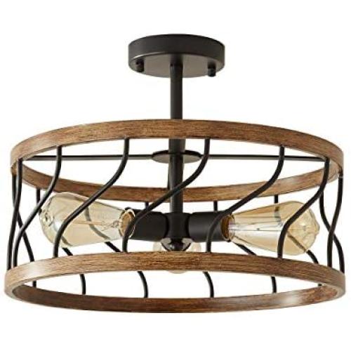 Biewalk Rustic Lighting Black Pendant Light Modern Semi Flush Mount Ceiling Light Fixture Faux Wood Industrial Retro Farmhouse Light Fixture For Dining, Living Room, Bedroom, Kitchen,Hallway,Farmhouse