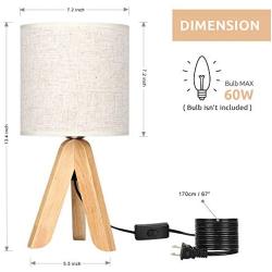 HAITRAL Small Bedside Table Lamp - Wooden Tripod Nightstand Lamp for Bedroom, Living Room, Office, Home with Fabric Linen Shade - 13.4 Inches (Without Bulb)