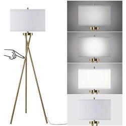 JIOSXC Touch Control Tripod Floor Lamp with White Linen Shade, Mid Century Standing Lamp, Modern Design Studying Light for Living Room Bedroom Study Room Office 3 Way Bulb Included (antiquer Brass)