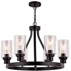 Sivilynus Farmhouse Chandelier Lighting Round 6 Lights Black with Glass Shade Ceiling Hanging Vintage Rustic Light Fixture for Dining Room Living Room Foyer Porch Kitchen Island