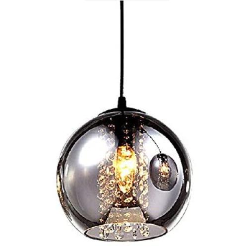 MAMEI Modern Grey Glass Globe Pendant Light Fixture with Crystal Drop D7.8'' for Island and Dinning Room