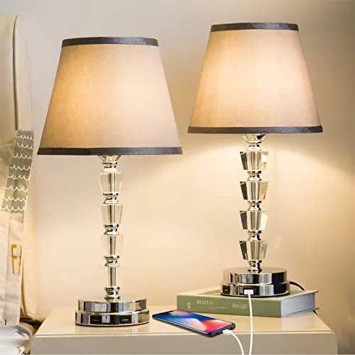 Lifeholder Bedside Lamp, Exquisite Crystal Lamp with Dual USB Ports, Dimmable Touch Lamp Include 2 Edison Bulbs, Gray Fabric Table Lamps for Bedroom,Living Room,Office(Set of 2)