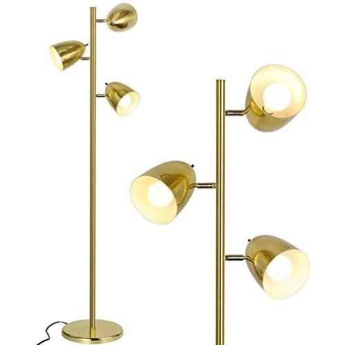 Industrial LED Reading and Floor Lamp for Living Rooms, Bedrooms, Mid Century Modern Adjustable 3 Light Tree, Standing Tall Pole Lamp with 3 LED Bulbs, Antique Brass/Gold