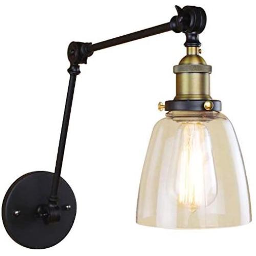 BAYCHEER Industrial Vintage Style Adjustable 2 Swing arms Wall Sconce Wall Light Lamp Fixtures with Dowl Clear Glass Shade Bedroom Reading Room Restaurant LOFT in Black use E26 Bulb