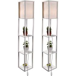 Shelf Floor Lamp White,2 Pcs Standing Lamps with White Shade and Solid Wood Frame, Without Led Bulbs (2 pcs Light)