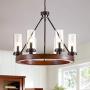 Maxax Farmhouse Chandelier Wood Round Wagon Wheel 6-Lights Kitchen Island Light with Glass Shades for Dining & Living Room, Bedroom, Kitchen and Foyer, Black Finish