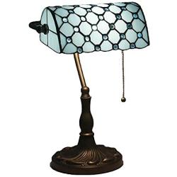 JMFHCD Tiffany Style Bankers Desk Lamp 11 Inch Stained Glass Table Lamp Study Desk Reading Lighting with Alloy Base Bankers Lamp, for Living Room Bedroom Bar Nightstand Lamp,Blue