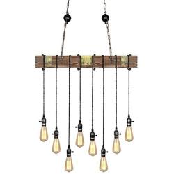 Derksic Rustic Wooden Pendant Light Fixture Industrial Vintage Wood Beam Linear Chandelier 8 Lights Farmhouse Chandelier for Dining Room Kitchen Island Bar Pool Table