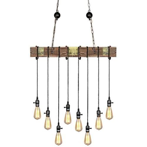 Derksic Rustic Wooden Pendant Light Fixture Industrial Vintage Wood Beam Linear Chandelier 8 Lights Farmhouse Chandelier for Dining Room Kitchen Island Bar Pool Table