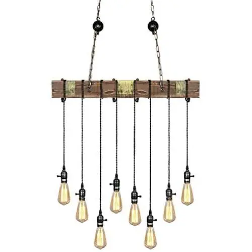 Derksic Rustic Wooden Pendant Light Fixture Industrial Vintage Wood Beam Linear Chandelier 8 Lights Farmhouse Chandelier for Dining Room Kitchen Island Bar Pool Table