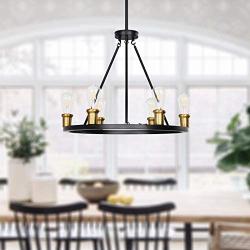 Merbotin Industrial Round Chandelier, 6-Light Wagon Wheel Chandeliers Rustic Ceiling Light Pendant Light for Kitchen Island Dining Room Foryer, Matte Black & Antique Brass Accents, 26'' Diameter