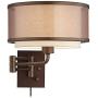 Vista Rustic Farmhouse Swing Arm Wall Lamp Oil Rubbed Bronze Plug-in Light Fixture Brown Organza Oatmeal Linen Double Drum Shade for Bedroom Bedside Living Room Reading - Franklin Iron Works