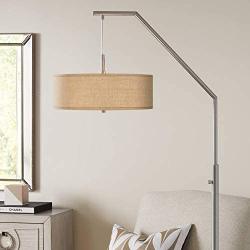 Modern Arc Floor Lamp Brushed Nickel Woven Burlap Fabric Drum Shade for Living Room Reading Bedroom Office - Possini Euro Design