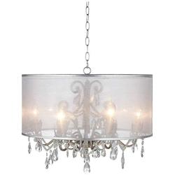 Farina Antique Silver Drum Pendant Chandelier 23'' Wide Clear Crystal Acrylic Beads Sheer Organza Fabric Shade 6-Light Fixture Dining Room House Island Entryway Living Room - Possini Euro Design