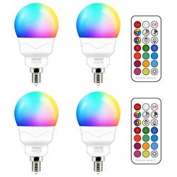 E12 LED Light Bulbs (40w Equivalent) 5W, Color Changing RGB, A15 Small Base Candelabra Round Light Bulb, Candle Base, 2700K Warm White 12 Colors 2 Modes Timing with Remote Control (4 Pack)