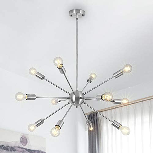 12 Lights Mid Century Sputnik Chandelier Chrome Modern Sputnik Ceiling Light Fixture Industrial Vintage Pendant Lighting for Dining Room Living Room Bedroom Kitchen