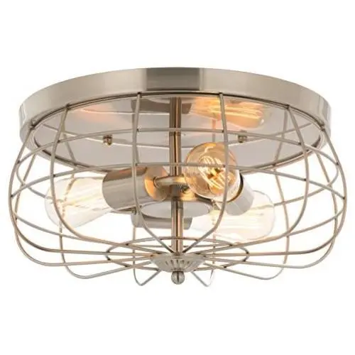 CO-Z 15 Inch Metal Cage Brushed Nickel Flush Mount Ceiling Light Fixture with 3 Lights, Industrial Vintage Ceiling Fixtures for Master Bedroom, Living Room, Farmhouse Lighting, ETL.