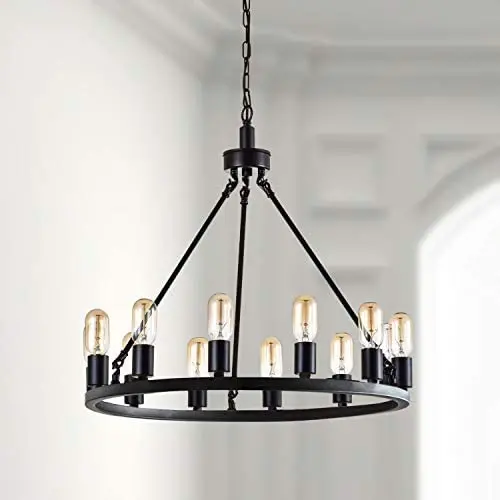 Maxax Industrial Rustic Farmhouse Wagon Wheel Chandelier,12-Lights Large Chandelier Round Kitchen Island Light for Living Room Dining Room Farmhouse Kitchen Island,Black Finish