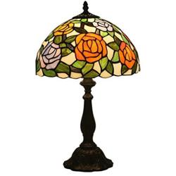 Errzom Pastoral Pink Purple Rose Green Leaves Shade Table Lamp 12 Inch Tiffany Style Stained Glass Desk Lamp, Living Room Bedroom Bedside Study Room Reading Lamp