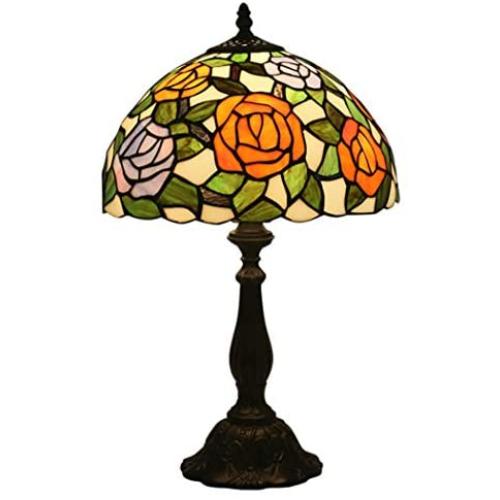Errzom Pastoral Pink Purple Rose Green Leaves Shade Table Lamp 12 Inch Tiffany Style Stained Glass Desk Lamp, Living Room Bedroom Bedside Study Room Reading Lamp