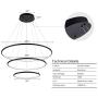 SUNMOO LED Pendant Light Modern Chandelier Led 3-Ring Adjustable Hanging Chandelier Light for Ding Room Kitchen Living Room Bedroom 3000K Warm Light 100W (Black)