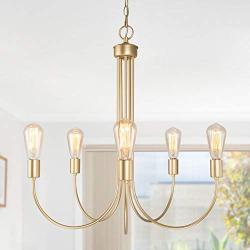 ISURAUL Large Gold Chandelier, Modern 5 Light Fixture for Dining & Living Room