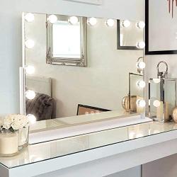 Misavanity Large Vanity Makeup Mirror with Lights,Hollywood Lighted Up Mirror with 10X Magnification and USB Charging Port 15 Dimmable LED Lights for Dressing Room Bedroom Tabletop 360 Degree Rotating