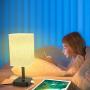 COZOO USB Bedside Table & Desk Lamp with 3 USB Charging Ports and 2 Outlets Power Strip,Square Black Charger Base with Flaxen Fabric Shade, LED Light for Bedroom/Nightstand/Living Room