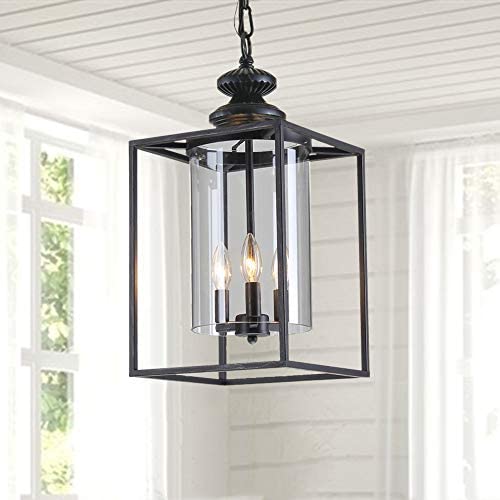 Maxax Modern Glass Chandeliers 3 Lights Farmhouse Hanging Pendant Light, Antique Black with Clear Glass Shade for Kitchen Island Dining Room