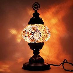 Turkish Colorful Handcrafted Mosaic Lamps by TCO - Desk and Table Lamps for Office, Guest and Living Room - Nickel- Plated Brass Base - 5” Globe Width, 12” Lamp Height (Amber Flower)