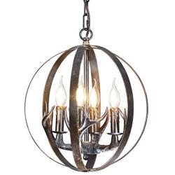 Globe Antler Chandelier 4 Light Rustic Black Metal Pendant Light Deer Antler Chandelier Lighting for Kitchen Island Dining Room Living Room Foyer