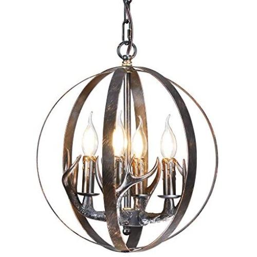 Globe Antler Chandelier 4 Light Rustic Black Metal Pendant Light Deer Antler Chandelier Lighting for Kitchen Island Dining Room Living Room Foyer