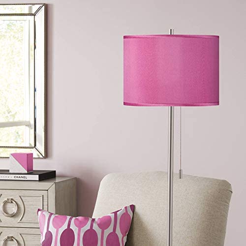 Modern Floor Lamp Brushed Nickel Pink Orchid Textured Polyester Drum Shade for Living Room Reading Bedroom Office - Possini Euro Design
