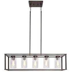 FIMITECH Chandeliers Modern Contemporary Rectangle 5-Light Dining Room Lighting, Adjustable Rods, Farmhouse Ceiling Light Kitchen Island Cage Pendant Lights with Glass Shade (Oil-Rubbed Bronze)