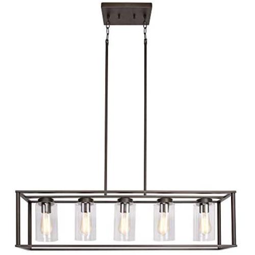 FIMITECH Chandeliers Modern Contemporary Rectangle 5-Light Dining Room Lighting, Adjustable Rods, Farmhouse Ceiling Light Kitchen Island Cage Pendant Lights with Glass Shade (Oil-Rubbed Bronze)
