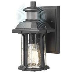 FEMILA Dusk to Dawn Wall Sconce, Outdoor Motion Sensor Wall Lantern, Exterior Waterproof Matte Black Wall Mount Lamp with Seeded Glass Shade for Porch, Entryway, Doorway, 4FW24B-SE BK