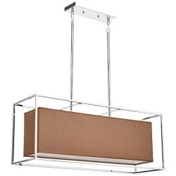 Vinsniv Modern Premium Rectangular Linear Kitchen Island 5-Light Linen Chandelier Light, Coffee Fabric Shade, Chrome Finish Metal Frame, Adjustable Ceiling Pendant for Dining Room, 35.43''L E26 009