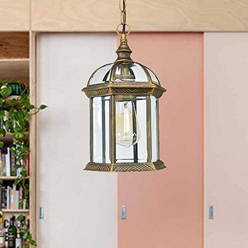 LITFAD Gold Lantern Ceiling Hanging Light with Clear Glass Shade 1 Bulb 8'' L Vintage Outdoor Waterproof Lighting Industrial Pendant Light for Dining Room Restaurant Bar Courtyard