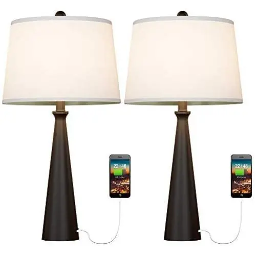 Oneach USB Table Lamps Set of 2 for Bedroom Modern Bedside Lamp with Drum Fabric Shade Ambient Light Accent Table Lamp for Living Room Office Study