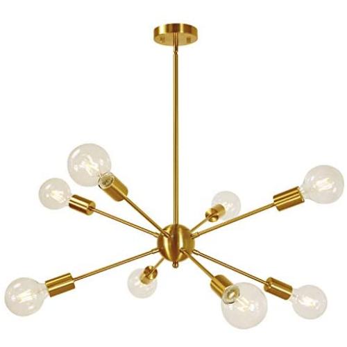 Sputnik Chandelier 8-Lights Brass Modern Pendant Lighting Mid Century Chandelier Semi Flush Mount Ceiling Light for Bedroom Living Foyer UL Listed