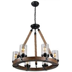 TFCFL Round Wooden Chandelier, 6-Light Farmhouse Candle Pendant Lighting with Seeded Glass Shade Hemp Rope Metal Ceiling Light Fixture for Dining Rooms Kitchen Island (Black)