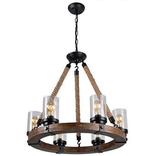 TFCFL Round Wooden Chandelier, 6-Light Farmhouse Candle Pendant Lighting with Seeded Glass Shade Hemp Rope Metal Ceiling Light Fixture for Dining Rooms Kitchen Island (Black)