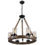 TFCFL Round Wooden Chandelier, 6-Light Farmhouse Candle Pendant Lighting with Seeded Glass Shade Hemp Rope Metal Ceiling Light Fixture for Dining Rooms Kitchen Island (Black)