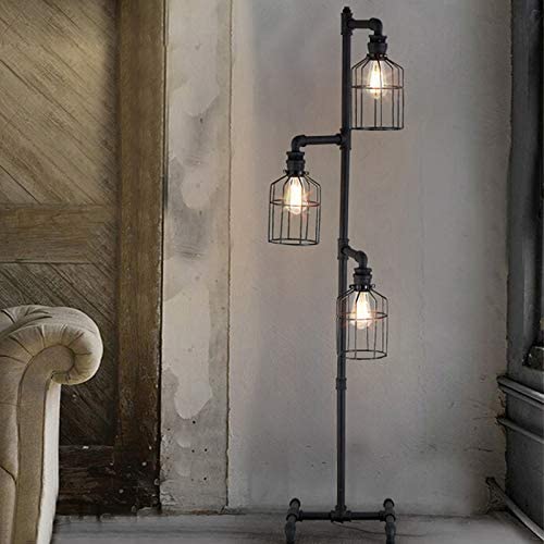 NIUYAO Industrial Style 60 High Track Tree Floor Lamp Iron Cage 3 Lights Pipe LED Floor Light Fixture Black 409434
