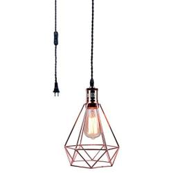 Pauwer Industrial Wire Cage Pendant Light Plug in Vintage Pendant Light with On/Off Switch (Rose Gold)