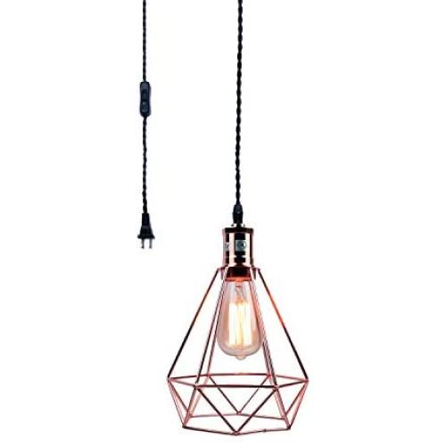 Pauwer Industrial Wire Cage Pendant Light Plug in Vintage Pendant Light with On/Off Switch (Rose Gold)