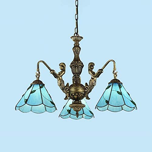 KWOKING Lighting Tiffany Hanging Lamp Mermaid Design 3 Lights Vintage-Style Chandelier Light with Stained Glass Lampshade 23'' Width Dining Room Light in Blue